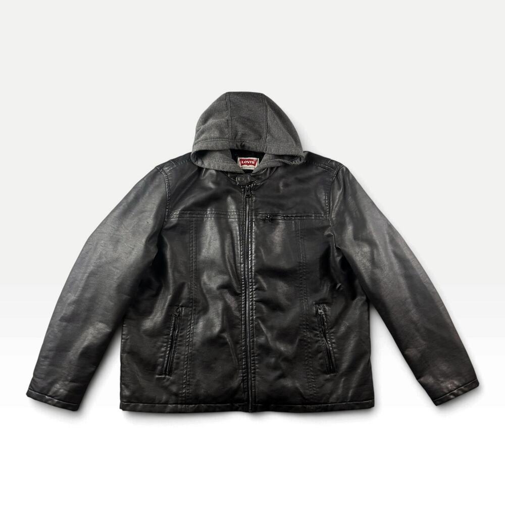 Levis Mens XXL Faux Leather Hooded Moto Jacket Black Quilted Lined Racer